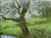 a drawing of a tree in a field with flowers