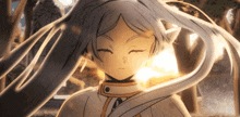 a girl with long white hair is standing in a forest
