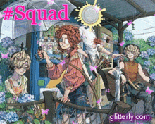 a drawing of a group of people with umbrellas and the words #squad