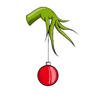 a green hand is holding a red christmas ornament on a string
