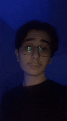 a young man wearing glasses and a black shirt looks at the camera