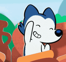 a cartoon drawing of a husky dog with blue eyes