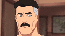 a cartoon man with a mustache is looking at the camera .