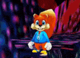 a cartoon squirrel wearing a blue jacket with the letter b on it is standing in front of a colorful background .