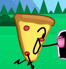 a cartoon drawing of a slice of pizza with arms and legs holding a pink cup .