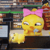 a yellow chick with a pink bow on her head is holding a dollar bill
