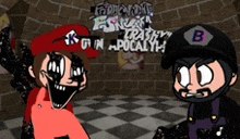 two cartoon characters are standing next to each other in front of a brick wall with the words friday night funkin trashy apocalypse on it