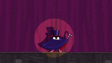 a cartoon of a man in a top hat standing in front of a stage with flames coming out of it