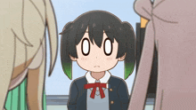a cartoon of a girl with a ponytail and a bow tie has a big o on her face