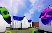 a green and a purple mask are flying in the air in front of a white house .