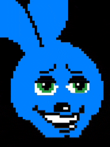 a pixel art of a blue bunny with green eyes and a smile