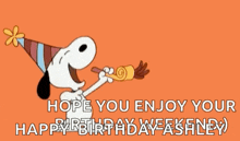 snoopy is wearing a party hat and blowing a party horn and says " hope you enjoy your happy birthday weekend "
