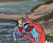 a cartoon drawing of a red monster biting a man in the water
