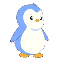 a blue and white penguin flexing his muscles on a white background