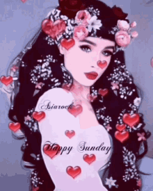 a picture of a woman with flowers in her hair and the words happy sunday on the bottom