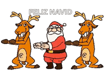 three reindeer are standing next to each other and talking to santa claus .