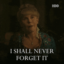 a woman says " i shall never forget it " in front of an hbo logo