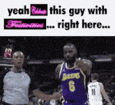 a basketball player in a lakers jersey shakes hands with a referee during a game