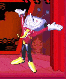 a cartoon character is standing in front of a red curtain and has his arms outstretched .