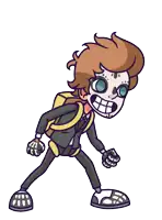 a cartoon drawing of a skeleton in a suit with a backpack