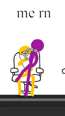 a blue stick figure sits in a chair next to a purple stick figure