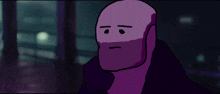 a cartoon drawing of a man with a purple coat and a sad face