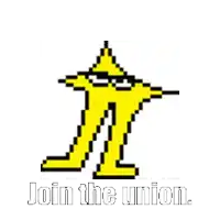 a pixel art drawing of a man holding a gun with the words join the union below it