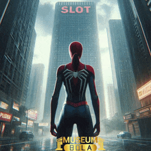 a poster of a spiderman standing in front of a slot machine