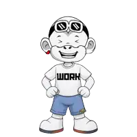 a cartoon character wearing a white shirt that says work