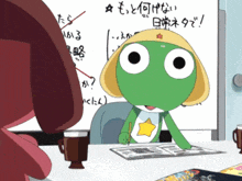 a cartoon character is sitting at a table in front of a white board with chinese writing