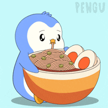 a penguin is holding a bowl of noodles and eggs with the word pengu in the corner