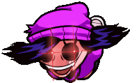 a cartoon character wearing a purple hat and sunglasses with red lights coming out of his eyes .