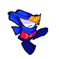 a pixel art drawing of a cartoon character wearing a blue scarf .