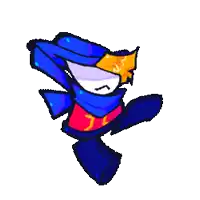 a pixel art drawing of a cartoon character wearing a blue scarf .