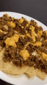 a plate of nachos with meat and cheese on top