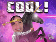 a picture of a woman hugging a unicorn with the words cool written on it