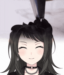 a girl with long black hair is smiling and wearing a choker
