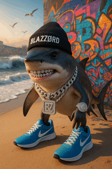 a shark wearing a beanie and a chain with the letter bz on it