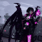a woman in a costume with purple wings and a triangle on her chest