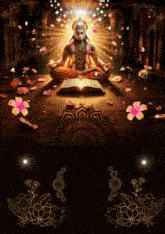 a painting of a man sitting in a lotus position with an open book in front of him
