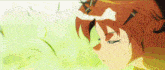 a close up of a girl 's face with her eyes closed and a green background