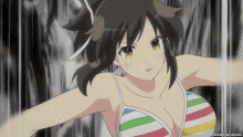 a girl in a striped bikini with omake girl anime written on the bottom right