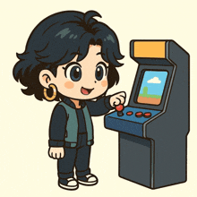 a girl is playing an arcade game with a red button