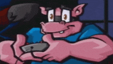 a cartoon pig is holding a remote control and smiling .