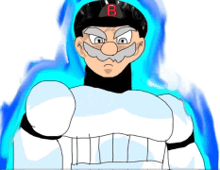 a cartoon drawing of a man with a b on his hat