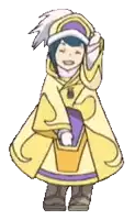 a cartoon character is wearing a yellow and purple outfit and a hat .