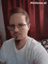 a man wearing glasses and a white shirt has pixverse.ai written on the bottom