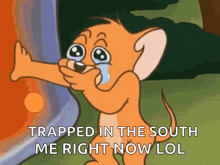jerry from tom and jerry is crying and holding a stick in his mouth .