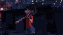 a girl in a red shirt is playing a violin at night