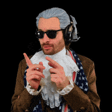 a man wearing a wig and headphones is pointing his fingers